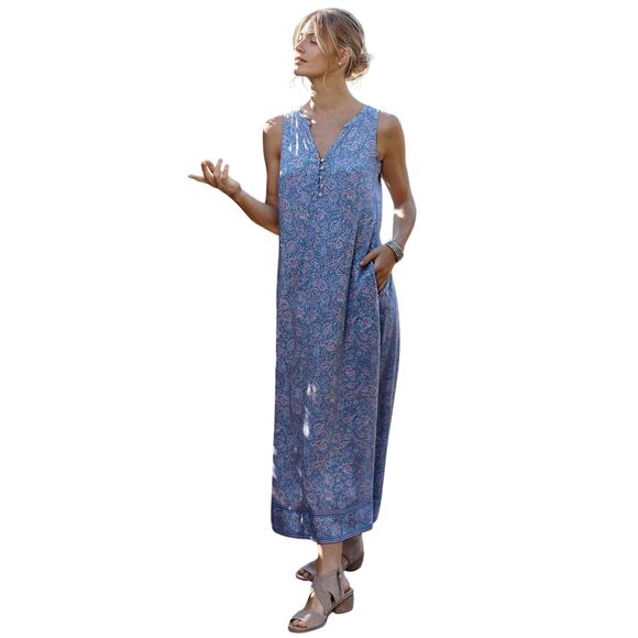 J. jill Border Print Maxi Dress In Clear Blue Gentle Paisley Border Size Large - Picture 1 of 9